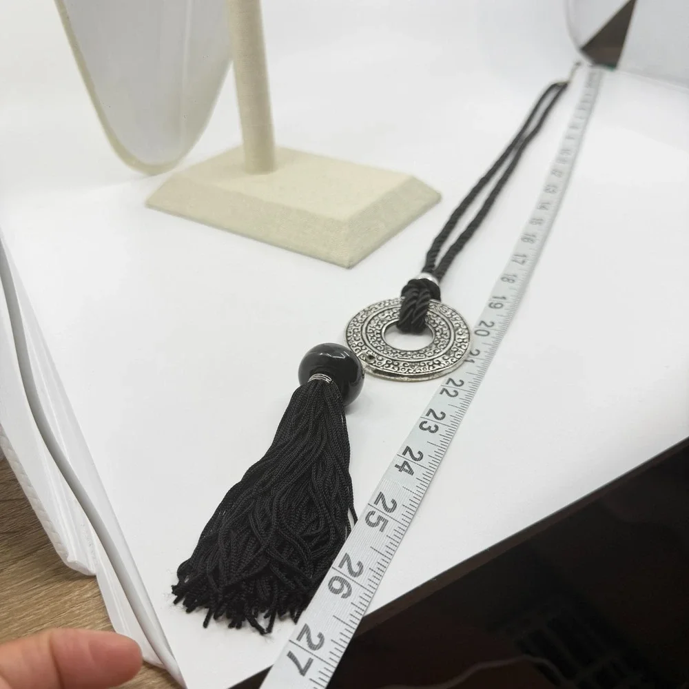 Necklace Vintage Black Cord Tassel Silver Tone Rhinestone Circle Pendant Boho